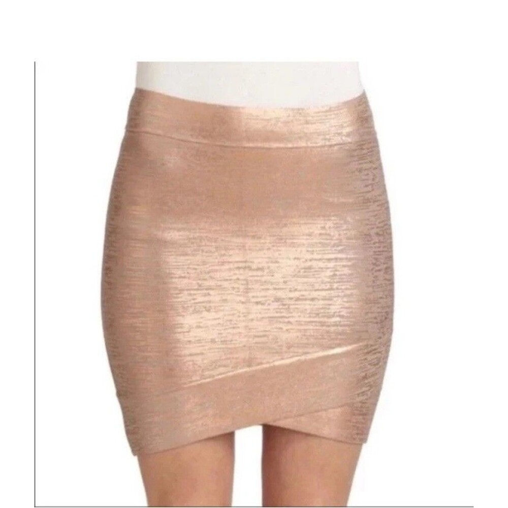 BCBG MAXAZRIA Bandage Body Con Rose Gold Foil Mini Skirt size XXS